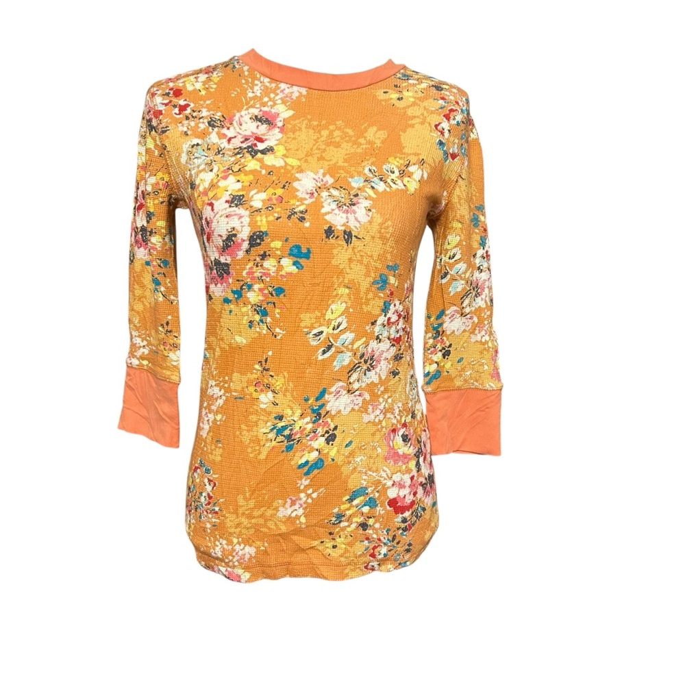 Sundance Catalog Thermal Waffle Knit Top Size XS Orange Floral 3/4 Sleeve Boho